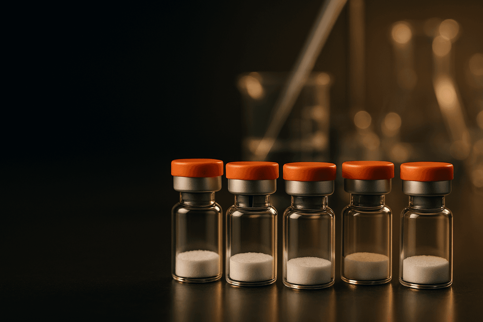 Research-grade peptide vials on a laboratory bench