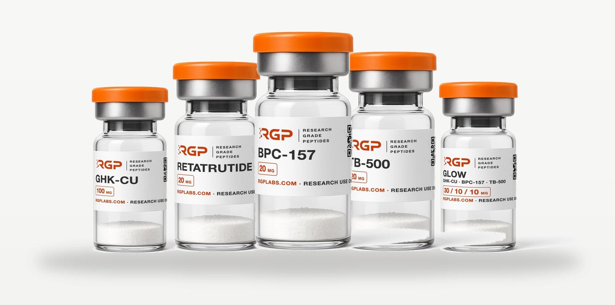 RGP Labs research peptide vials — GHK-Cu, Retatrutide, BPC-157, TB-500, and Glow blend